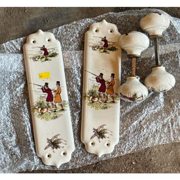 Set of Lovely Finger Plates with Lovely Hunting Design and Matching Knobs 
