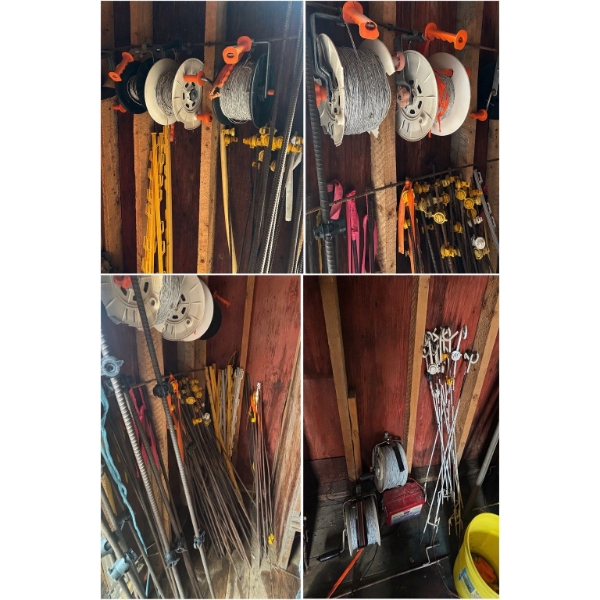 Several pieces for electric fence all poles, attachments, and all connections for electric fence