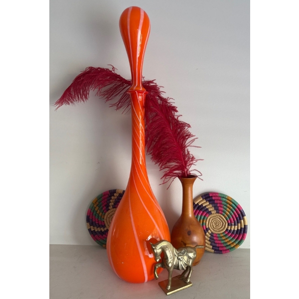 Retro Rare Orange Decantor w/ Lid Brass Unicorn 4T Sandlewood Vase & Jute Trivets 