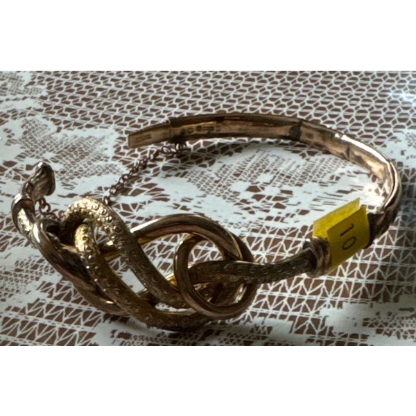 Vintage Gold Hollow Bangle with Safety Chain- Stamped 375 (9 CT); Some Dents and Discoloration 