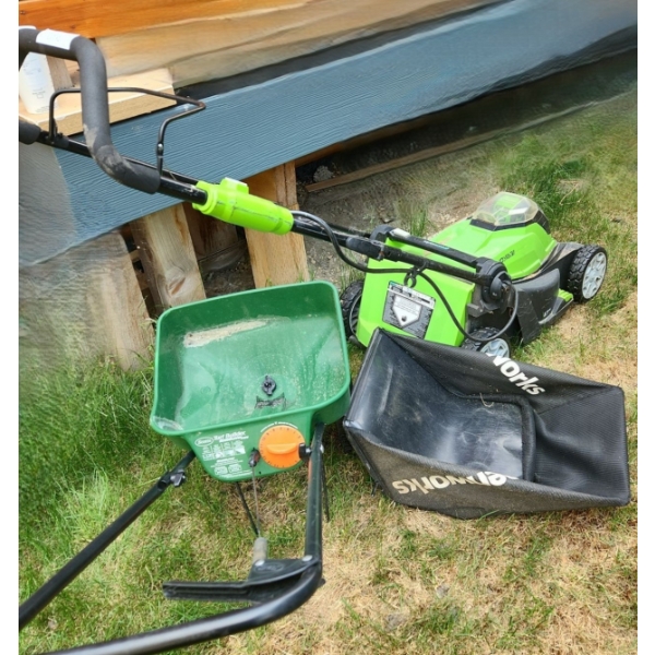 Greenworks Rechargeable Mower Model 2506402CT (60-1758) and Scott's Edgeguard Fertilizer Spreader