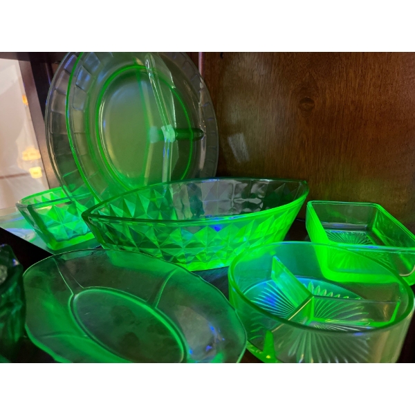 green uranium glass, 4 serving dish’s & butter dish. 