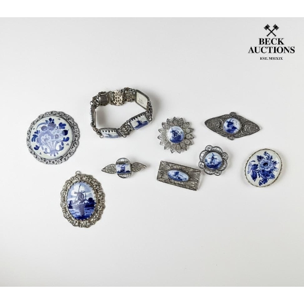  Collection Of Vintage Dutch Delft Porcelain Costume Jewelry , 