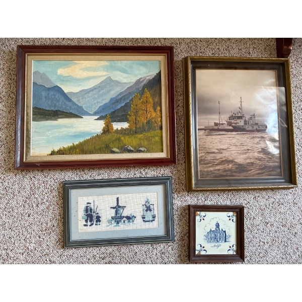 Tour Of Holland - Royal Delpht Cross Stitch Unsigned Oil Painting & Harbour Print 18T