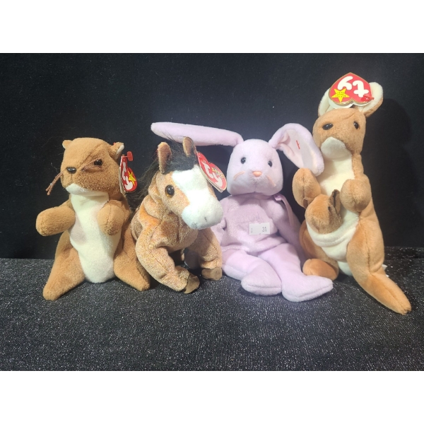 Beanie Babies: Nuts, Oats, Floppity and Pouch All w/ Tags 