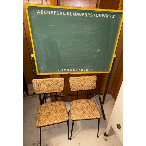 Antique Chalkboard & Children's Play Miniature Chairs (rust on bottom)