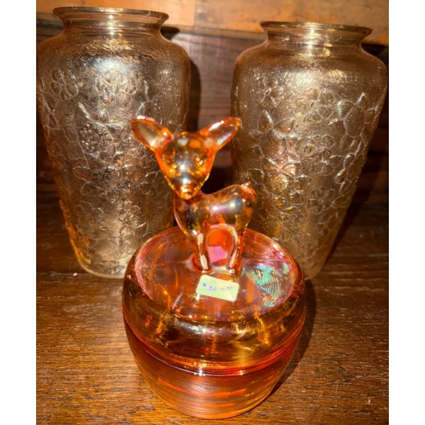  Marigold Carnival Glass Fawn Covered Dish & Jenkins Glass #313 Golden Flowers