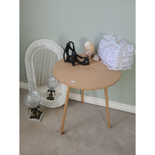 Wicker Mirror 18 X 29, Ornate Candy Dish 17 T, Decorator Table 19.5" Top, 25 T and More!