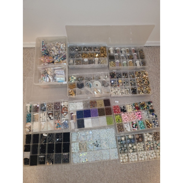 Assorted Craft Beads and Containers as Shown