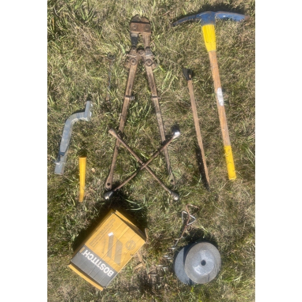 Bostitch Head-Stick Nails, Large Bolt Cutters,  Pick Axe, Tire Iron & More