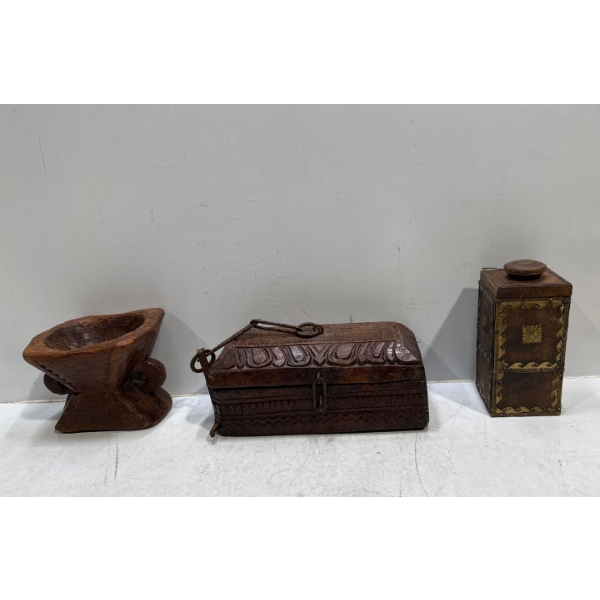 Wooden Funnel and Intricately Carved Boxes