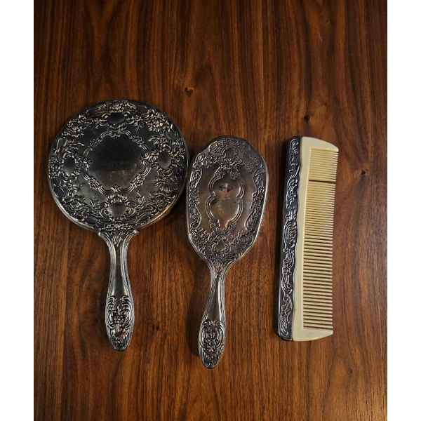 Three-Piece Silver-Tone Vanity Set with Mirror, Brush, and Comb