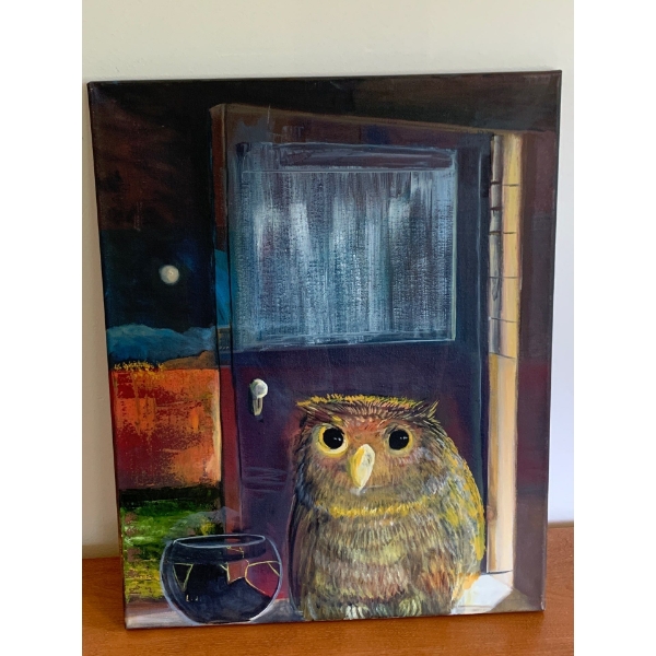 Lauri Ansell Owl & Cup Canvas Board  16 x 20