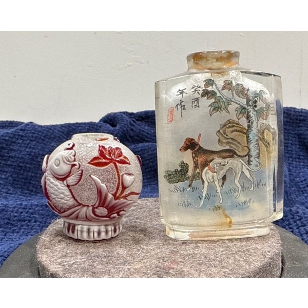 Pair of Hand Painted Snuff Bottles missing lids 1.75H & 3H