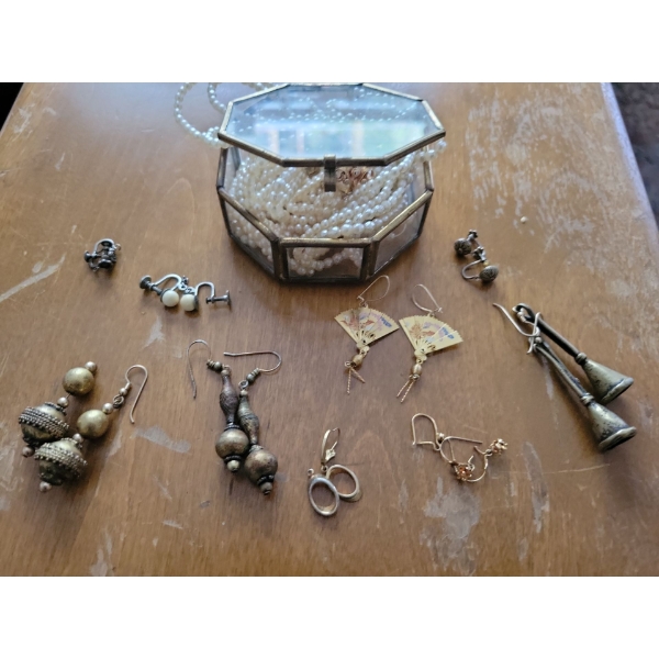 Antique Octagonal Brass w/ Glass Trinket Box 1.5T w/ Vintage Earring Collection