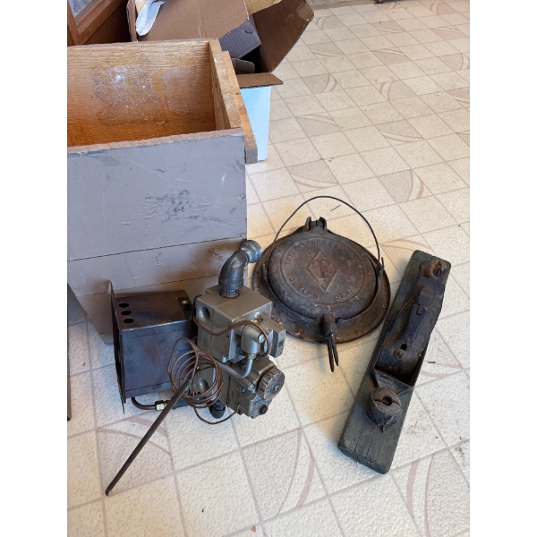 Antique Taylor Forbes cast iron waffle iron Antique wood Plane with honeywell burner and handmade wo
