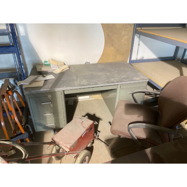 Metal Desk, Chair, Roofing Equipment, and Table Lot