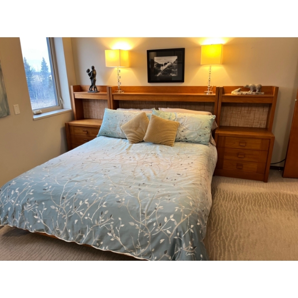 Retro Teak Queen Bed set with shelving including high-end mattress linens not included, comes in thr