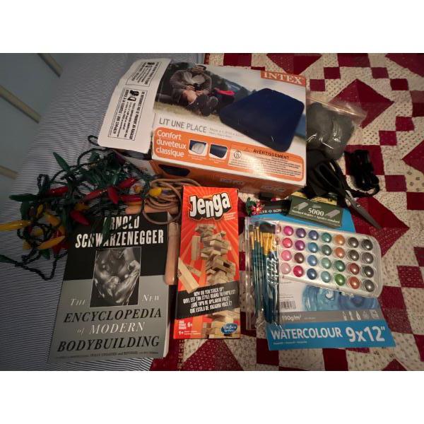 Jenga game with twin classic Downey, blowup mattress, chilli pepper, Lights, Arnold Schwarzenegger, 