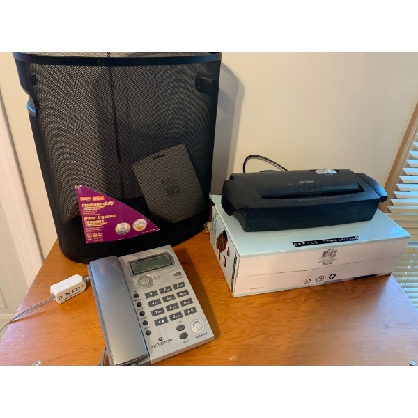 Paper Shredder, Phone and Trash Bin