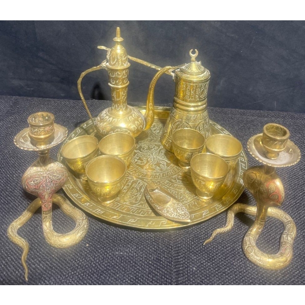 Bodacious Brass Samovar / Tea Set w/ Cobra Candle Holders & More 