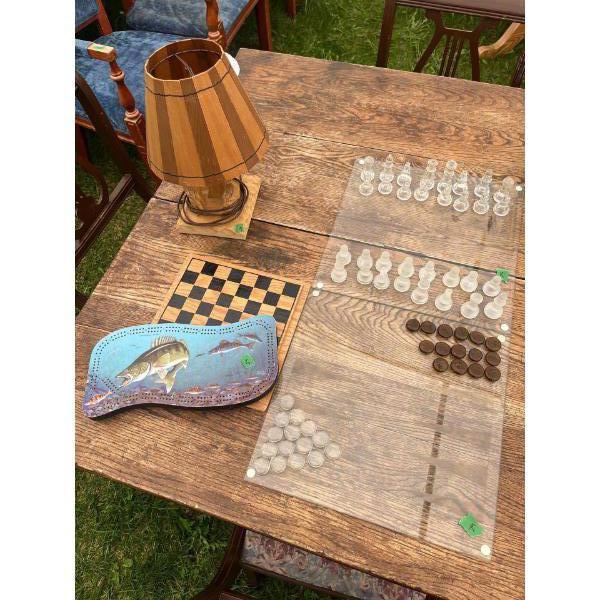 Glass Chess and Backgammon 14" X 14" Set With Wood Lamp & Fish Crib Board  