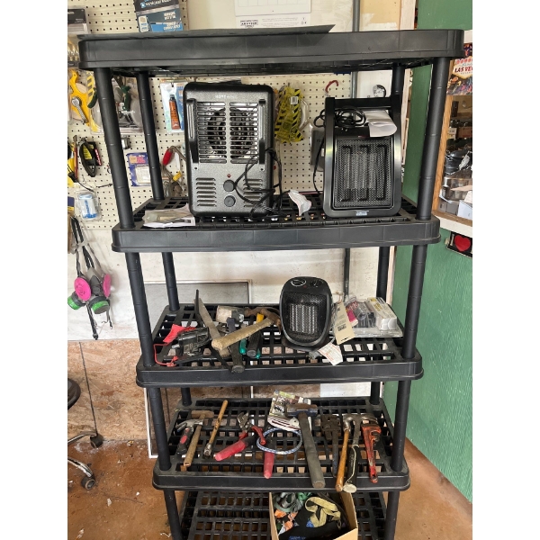 plastic shelf unit with all contents, including new heaters a number of hand, tools, hammers, and t