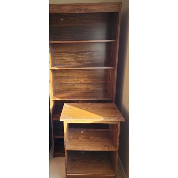 MDF Bookcase 30.5 W, 15.5 D, 71.5 T and Wheeled Stand 23.5 W, 15.5 D, 29.5 T 