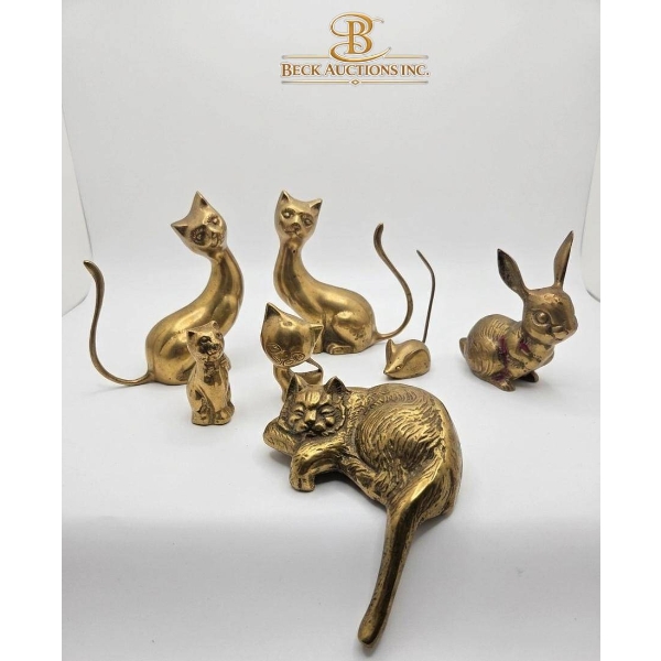 Brass Animal Figurines with Cats and Rabbit Motif