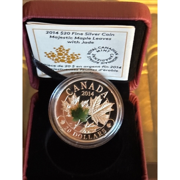 2014 $20 Majestic Maple Leaves with Jade - Pure Silver Coin