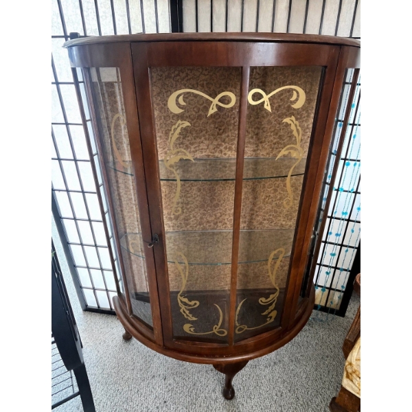Antique curved glass curio cabinet, 45” L x 33” w x 12” D