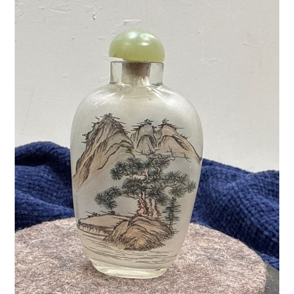 Hand Painted Glass Snuff Bottle with Spoon 3H