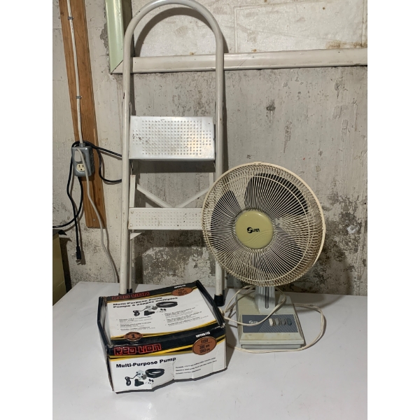 Household Items Including Ladder, Fans, Heater, and Pump