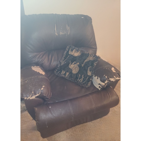 Brown Leather Reclining Chair 39 W, 37 D, 36 T, Extra Cushion Included