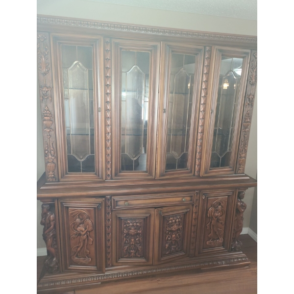 Vintage Italian Wood China Cab.w/ Carved Detail and Figures- 73 W, 18 D, 48 T and 78 W, 21 D, 37 T