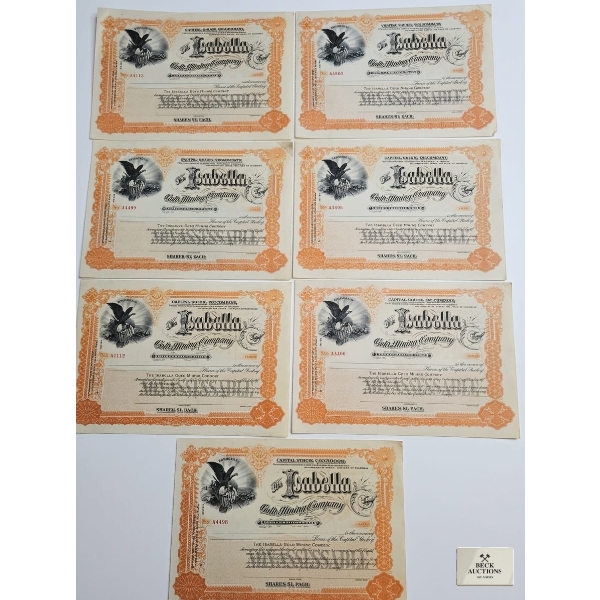 Vintage Isabella Gold Mining Company Stock Certificates From The Late Early 20th Century.