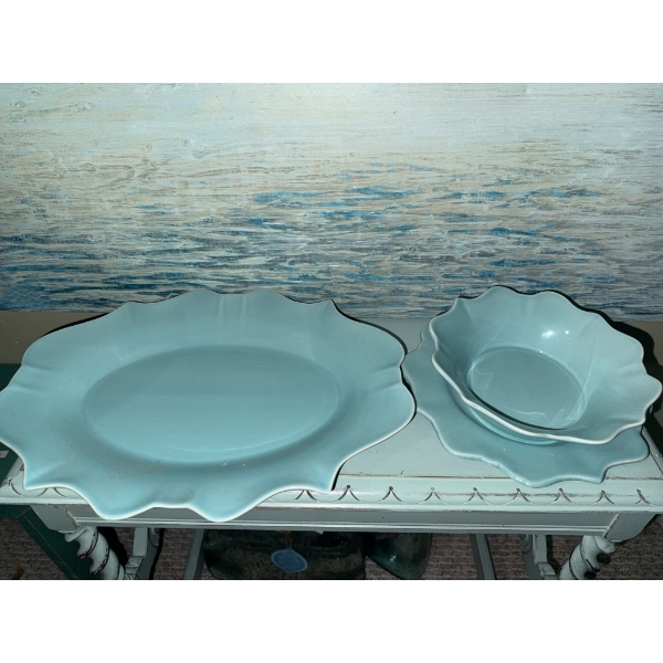 Framed Seascape Wall Art with Ceramic Serving Platters and Bowl