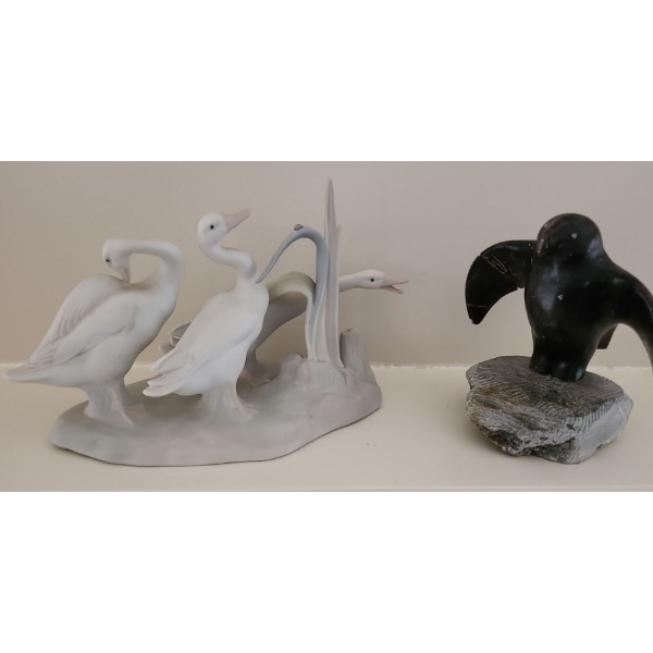  Gorgeous LLADRO Geese Scene (8L, 6T) w/ Lovely Stone Carved Bird (Damage)