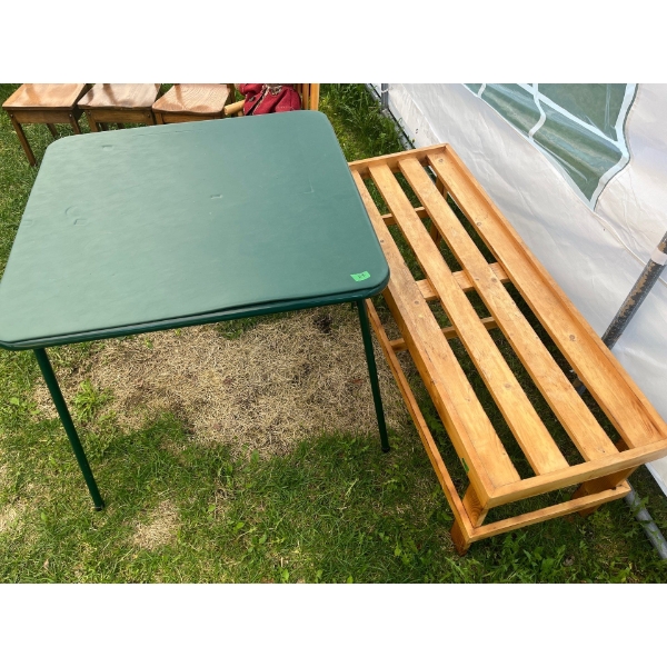 Folding Card Table L33" W33" H28" & Solid Wood Bench  L48" W17" H21" 