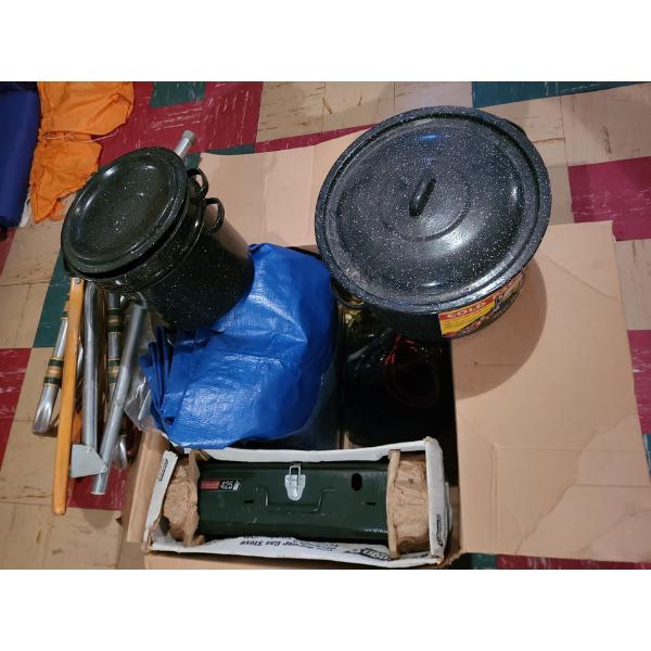 Camping Bundle Including: Coleman 425 Dual Burner Stove, Pots, Folding Lawn Chair, Tarp