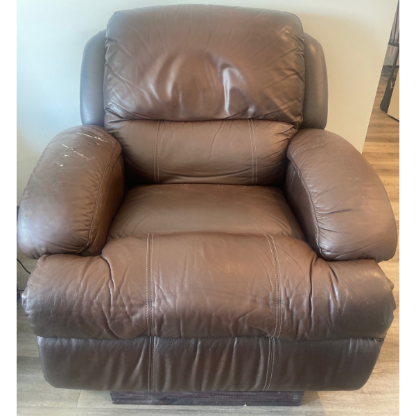 Leon's Brown Reclining Leather Chair (Some Damage) 42"w x 44"d x 38"tall