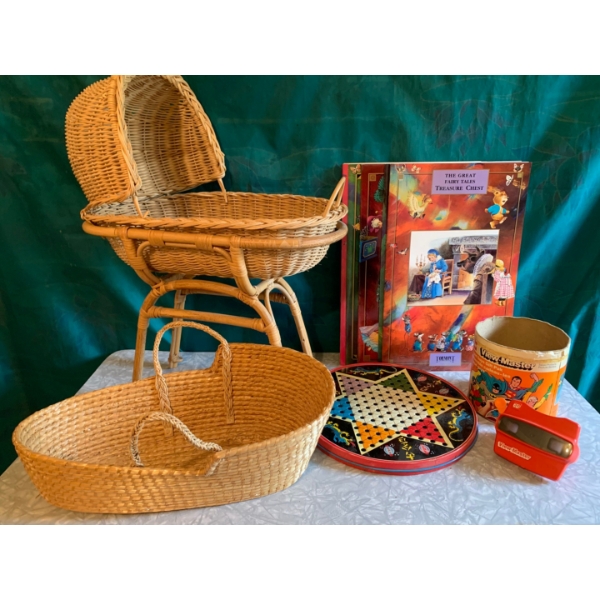 Vintage Toy lot Boho doll sized bassinet, vintage story books, Chinese marbles set, View Master 