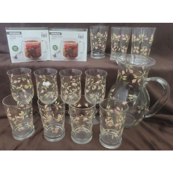 Set Of Pretty Floral Water Glasses w/ Matchin Floral Jug