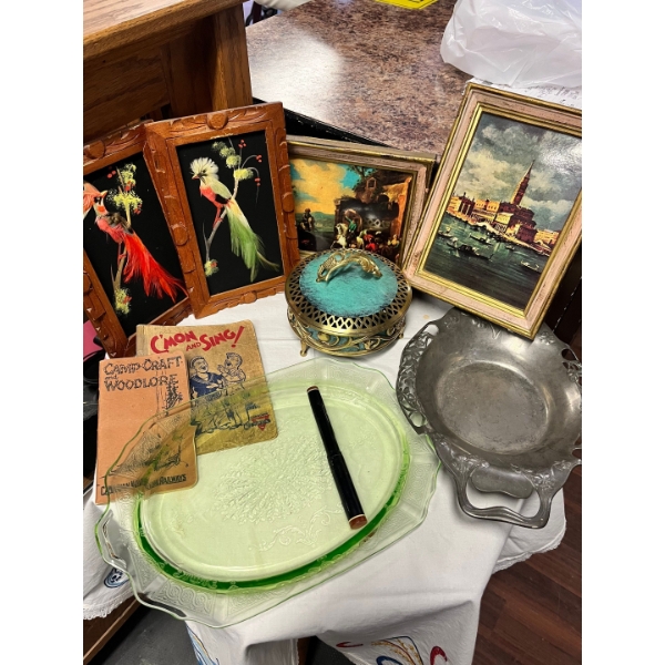 Vintage pewter bowl, Vintage Federal Depression Glass Gold Madrid Oval Platter Serving Plate 11", 2 