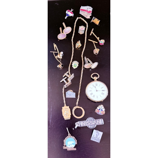Cufflinks, Pins, Pocket Watch, and Chain