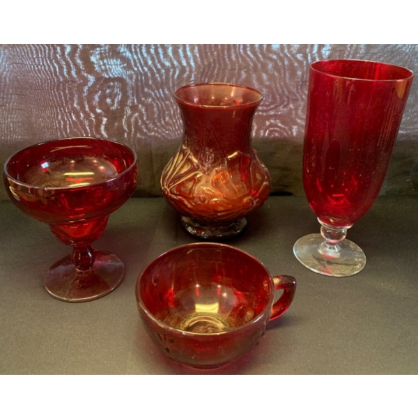 Cranberry Glass: Ruby Red Glassware Goblet Crows Foot Cup Rain Flower Vase 