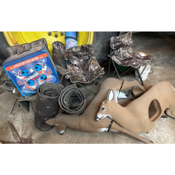 Variety Of Hunting Gear- Deer Models, Spike Belts, Shot Blocker, Camo Chairs++
