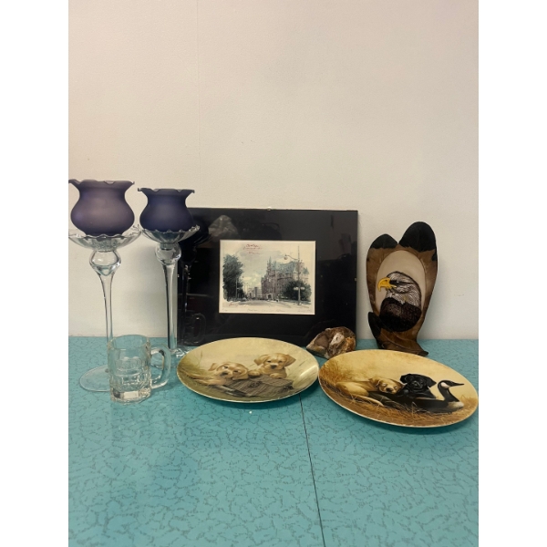 Assortment of decorations, two glass candle holders, A&W mug, Painting by Chateau Laurier Aug 1996. 