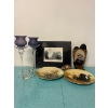 Image 1 : Assortment of decorations, two glass candle holders, A&W mug, Painting by Chateau Laurier Aug 1996. 