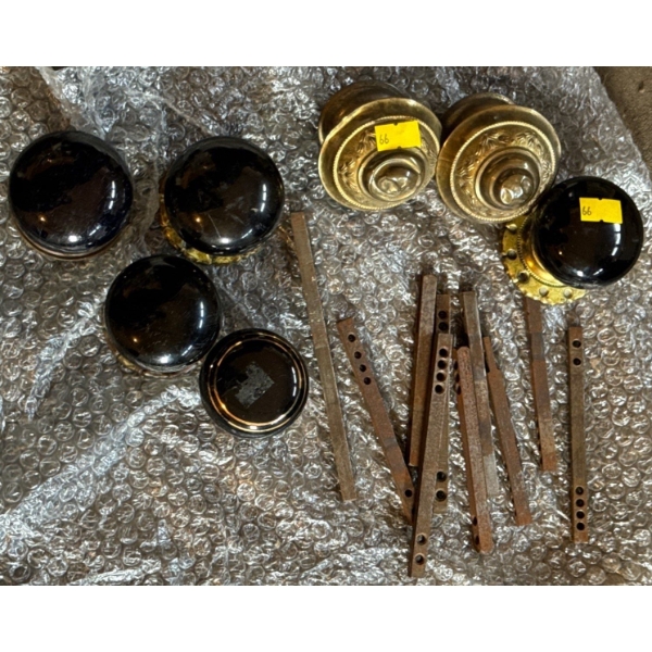 Set of Black Door Knobs with Brass Inserts Plus Outdoor Metal Knobs 